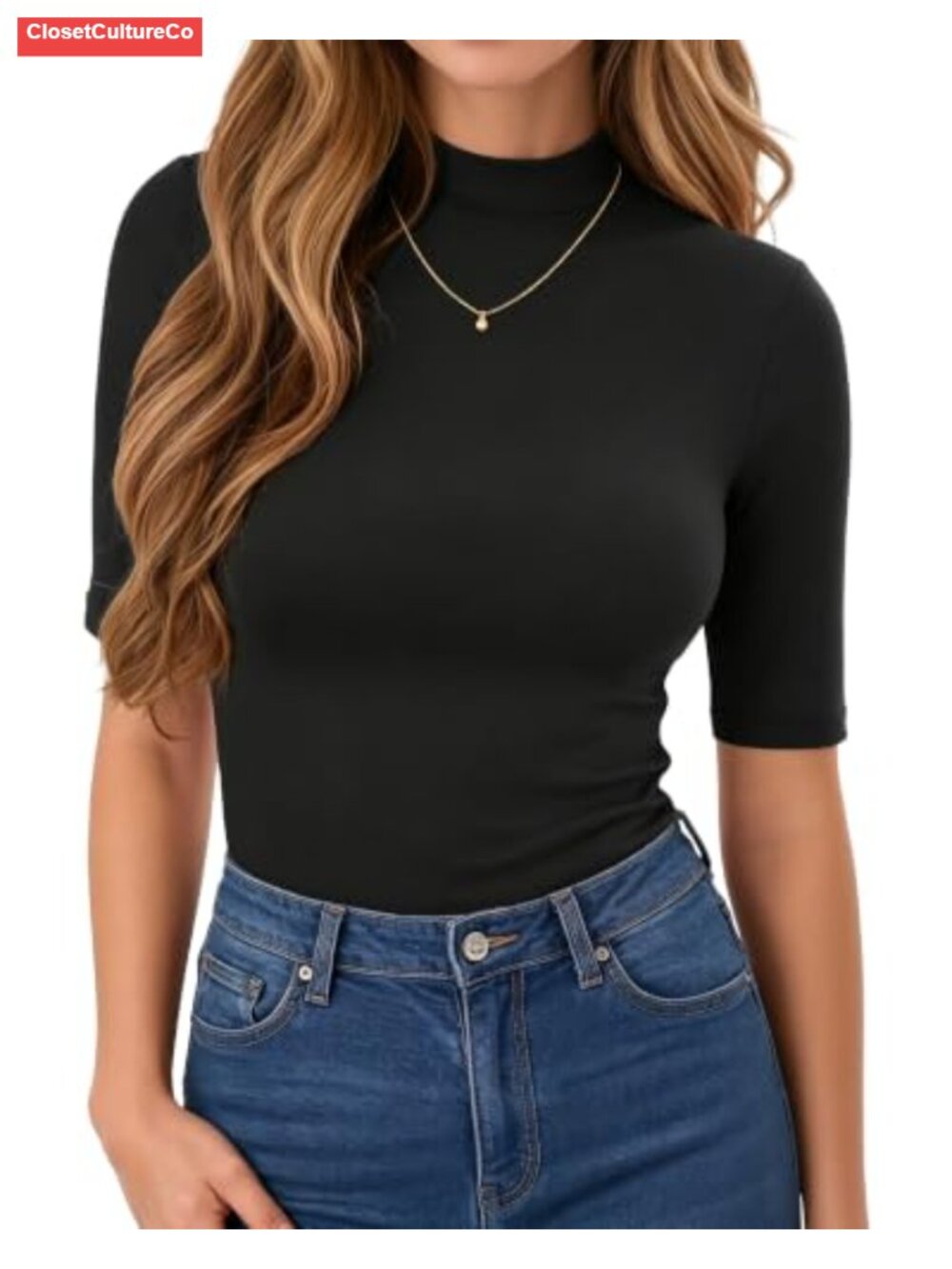 Women's Mock Neck Slim Fit Half Sleeve T-Shirt Stretch Casual Basic Tee